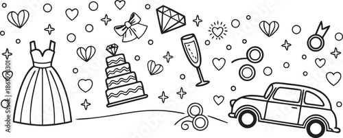 Wedding planning elements, from the dress and cake to the rings, champagne, and getaway car, in a whimsical hand-drawn style