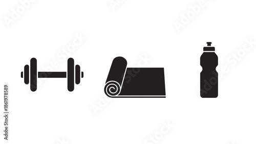 Fitness Essentials in Minimalist Style with Black Silhouettes on White Background for Health and Wellness