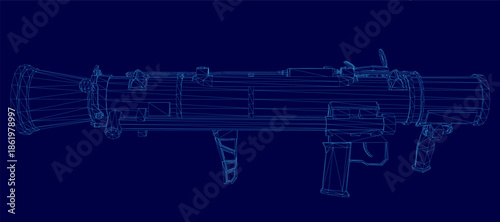 A 3D wireframe blueprint of a hand-held grenade launcher, featuring detailed components like the barrel, handle, and trigger mechanism on a solid blue background.