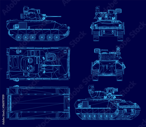 Detailed blueprint of a main battle tank on a blue background, featuring a wireframe set of its tracks, turret, and internal components.