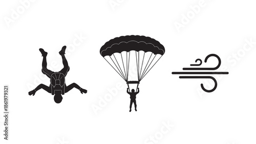 Parachutist in free fall with open parachute in windy conditions in silhouette style for adventure sports