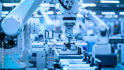 Title:
Industrial Robotic Arm Working on Automated Assembly Line in Modern Smart Factory Manufacturing Facility