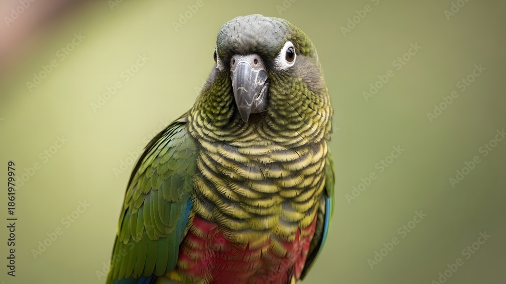 Fototapeta premium Vibrant green and yellow parrot with red feathers looking directly