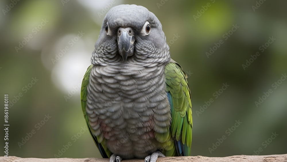 Obraz premium Vibrant gray and green parrot perched on wooden branch outdoors