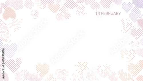 Valentine's Day decoration illustration featuring a frame with pastel-colored hearts and the date 14 February on a white background.
