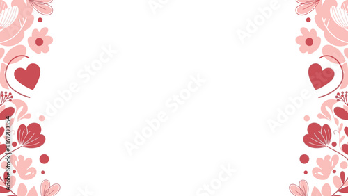 Valentine's Day decoration illustration with a frame of red and pink hearts, flowers, and swirling patterns on a white background.