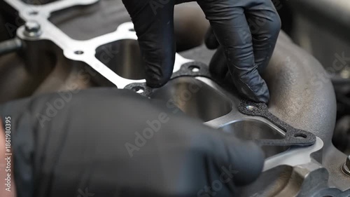 Mechanic's hands wearing black gloves carefully fitting a manifold gasket onto an engine component during automotive repair.