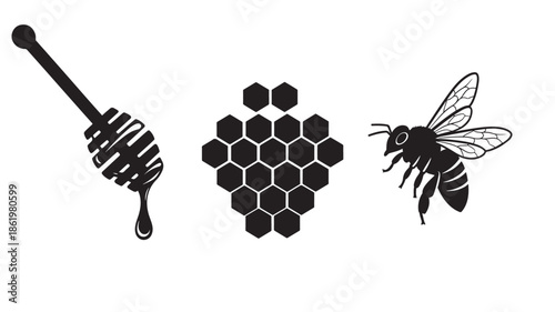 Bee Honeycomb and Dipper Silhouette in Simple Monochrome Design on White Background for Apiary Branding