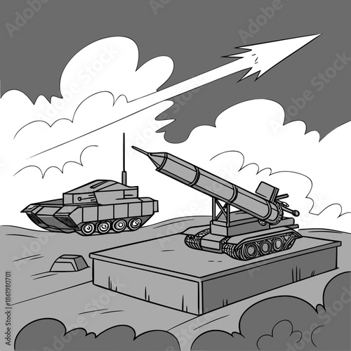 Ground launcher firing missile at drone military tank