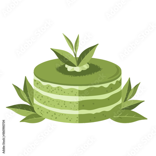 Green Matcha Layer Cake with Fresh Leaves Decoration