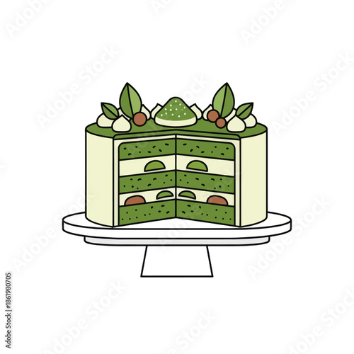 Matcha layer cake slice, green tea dessert, stylized illustration, isolated on white background