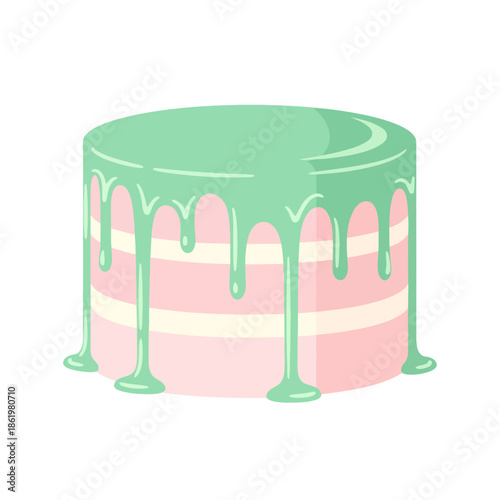 Mint Green Drip Cake with Pink Layers and White Frosting, Isolated