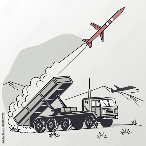 Mobile missile defense vehicle launching missile at airplane