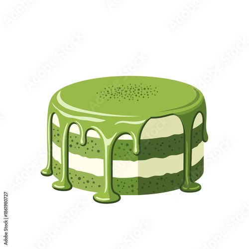 Green Matcha Cake with White Cream Drizzle, Fresh Dessert Illustration