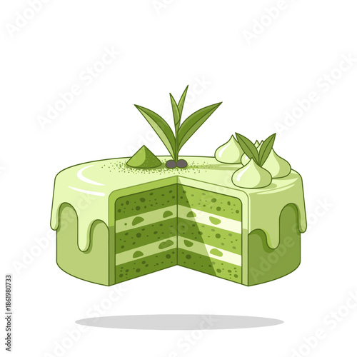 Delicious Matcha Cake Slice with Green Tea Leaves Decoration