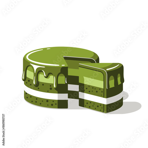 Delicious Matcha Cake with Slice Cut Out, Dripping Glaze and Layers