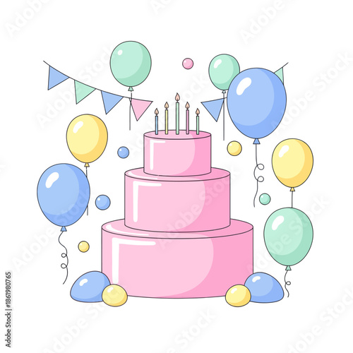 Birthday Celebration Cake with Balloons and Bunting Flags, Pastel Colors