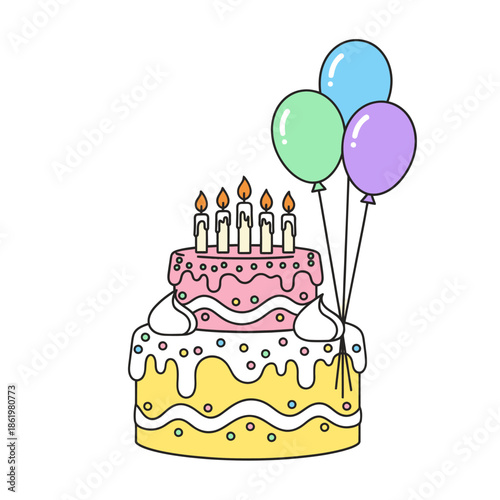 Birthday Cake with Candles and Balloons - Celebration Illustration