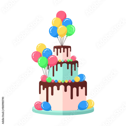 Festive Multi-Tiered Birthday Cake with Colorful Balloons and Chocolate Drizzle