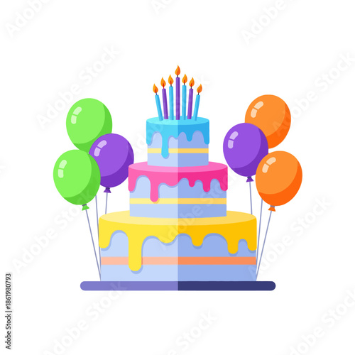 Festive Birthday Cake with Balloons and Candles - Celebration Illustration