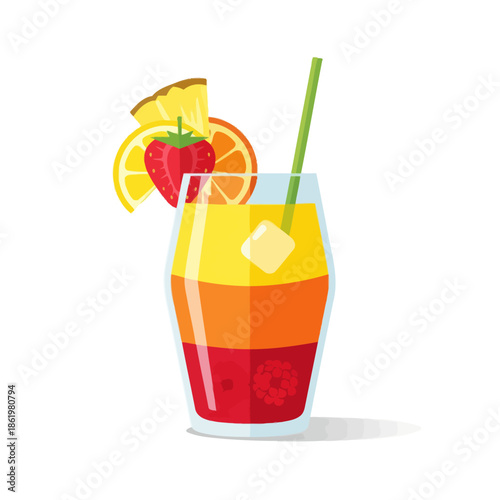 Vibrant Tropical Cocktail with Fresh Fruit Garnish and Ice Cubes