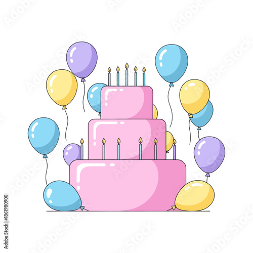 Happy Birthday Celebration Cake with Balloons, Festive Dessert Illustration