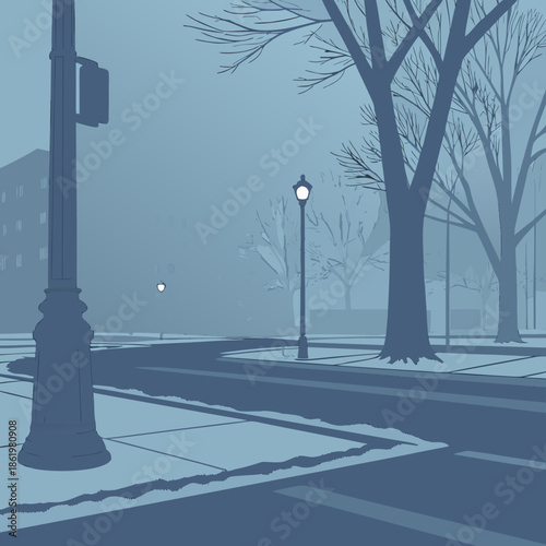 Frozen street corner with thick mist and bare trees