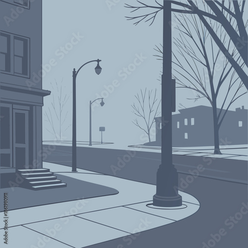 Frozen street corner with mist and bare trees streetlights