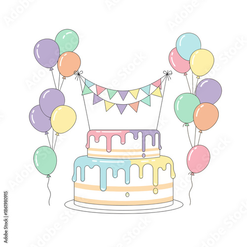 Festive Birthday Cake with Balloons and Bunting Flags, Pastel Colors