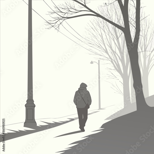 Lonely pedestrian walking through heavy fog on a sidewalk