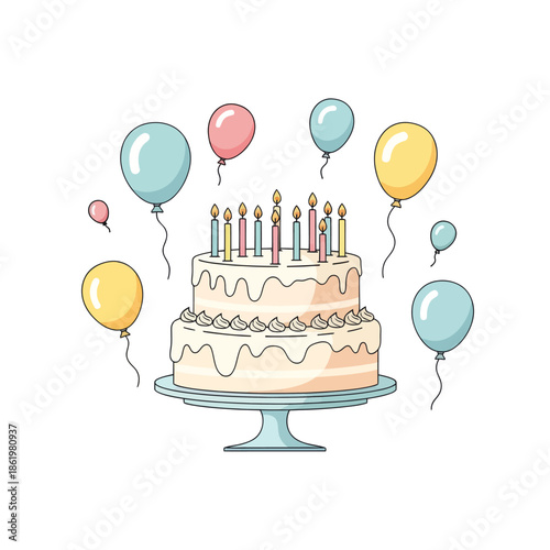 Birthday Cake with Candles and Balloons, Celebration Party Fun, Sweet Dessert Treat