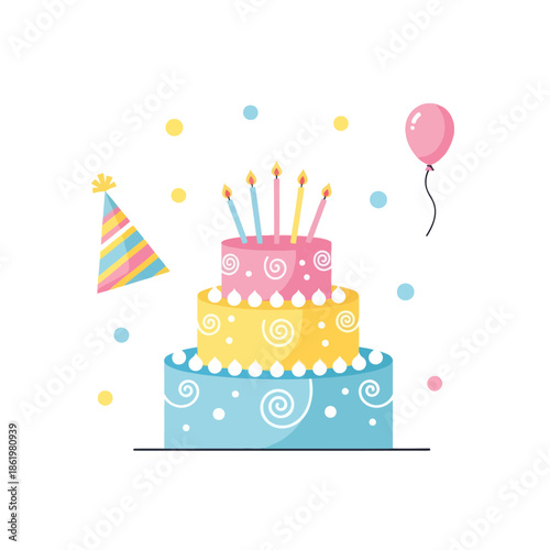 Colorful Three Tier Birthday Cake with Candles, Party Hat, and Balloon