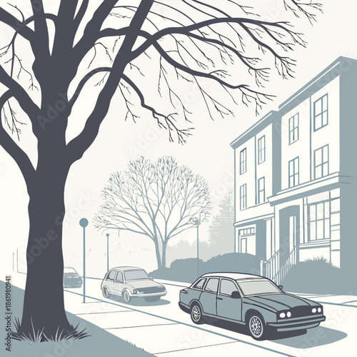 Gray of suburban street with fog