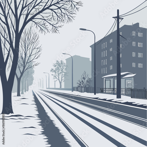Snow covered urban road with tram tracks disappearing into fog