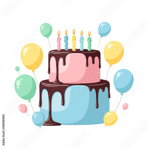 Happy Birthday Celebration Cake with Candles and Balloons