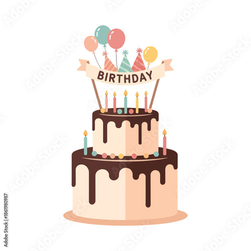 Two-tier Birthday Cake with Candles, Balloons, Party Hats and Banner