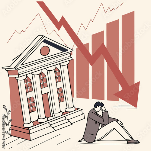 Man sits in front of bank building with falling stock market graph