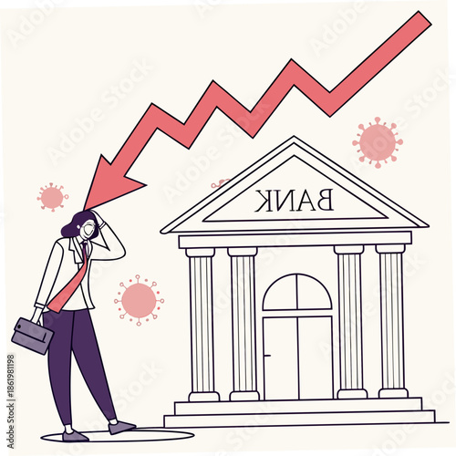 Worried banker standing next to bank building with falling stock graph and virus particles