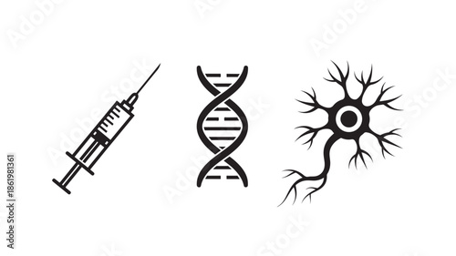 Medical syringe, DNA double helix, and neuron illustration in simple black line art on white background for healthcare and science