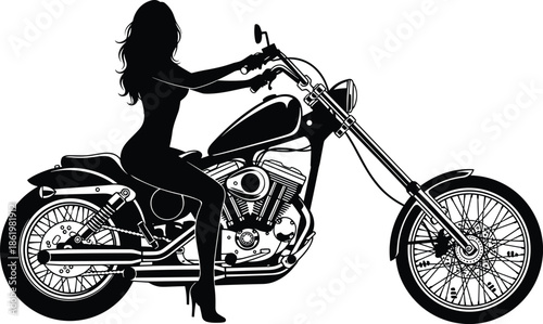 Black silhouette of a woman with long hair riding a custom chopper motorcycle on a white background for biker lifestyle themes