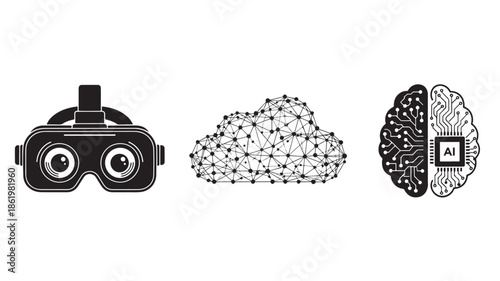 Virtual reality headset and brain illustrations in minimalist style with monochromatic color scheme on white background for technology