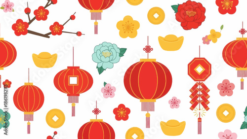 Chinese Lanterns and Floral Elements Pattern.