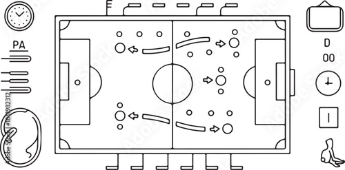 Soccer coaching tactics board with field layout and strategy symbols line art vector illustration isolated on white