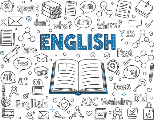 Vibrant English language learning concept with open book and educational icons