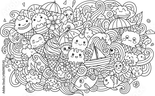 Whimsical beach scene with smiling ice cream cones and playful sea creatures