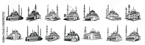 Islamic Mosque Vector Illustrations – Black and White Architectural Art for Ramadan & Eid
