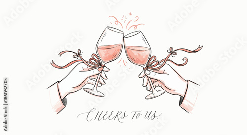 Minimal Line Art of Hands Clinking Wine Glasses in Celebration