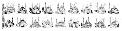 Islamic Mosque Vector Illustrations – Black and White Architectural Eid & Ramadan Art