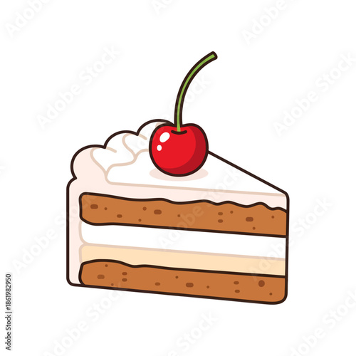 Slice of Layer Cake with Whipped Cream and Cherry Topping, Dessert Illustration