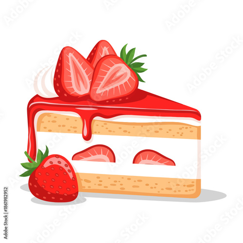 Delicious Strawberry Cake Slice with Fresh Berries and Cream